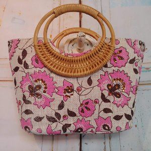 *no tag VINTAGE style purse handbag w burlap texture rattan handle pink & cream